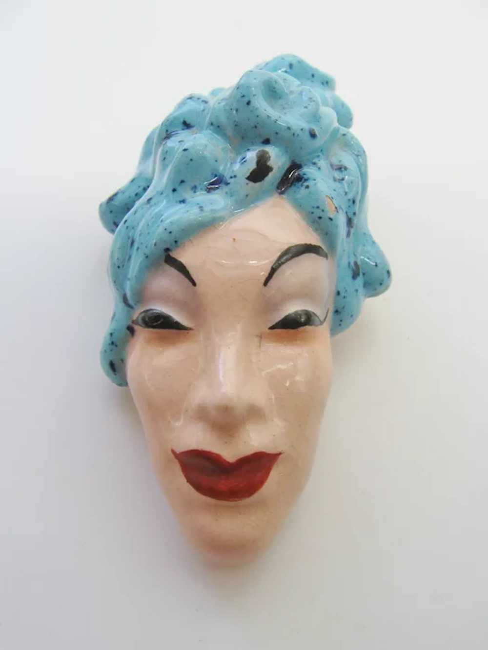 Rare Vintage 1940 Ceramic Painted Lady Head Brooc… - image 3