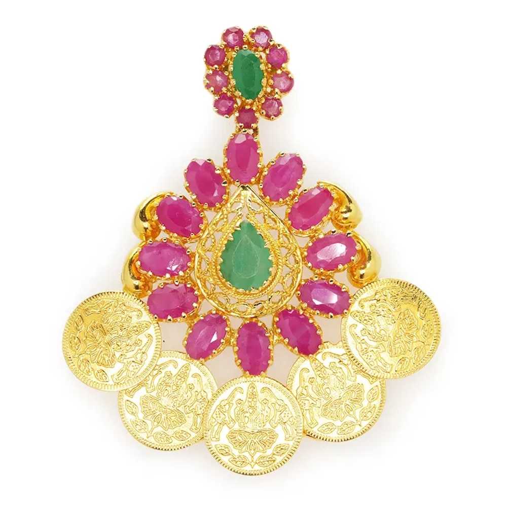 Vintage Emerald Indian Earrings with Rubies 22K Y… - image 4