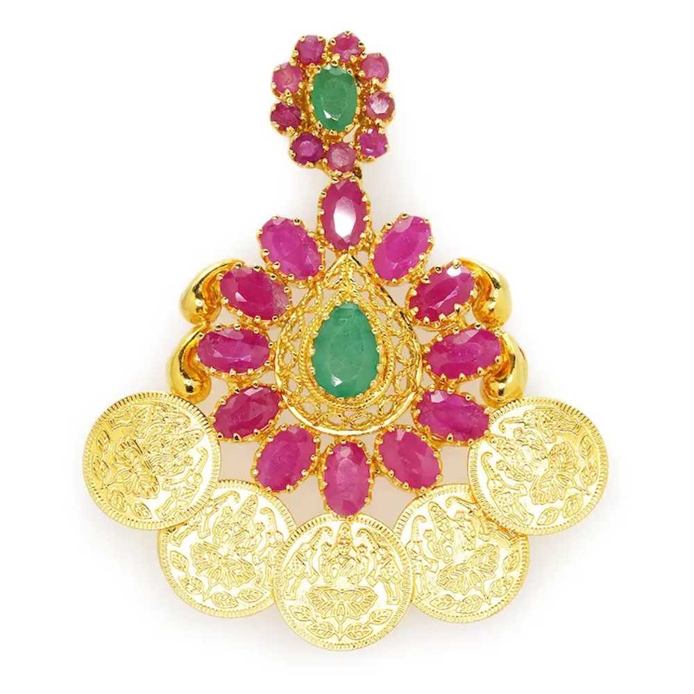 Vintage Emerald Indian Earrings with Rubies 22K Y… - image 5