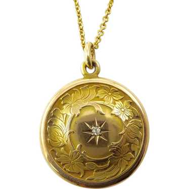 Art Nouveau Gold Locket with Engraved Flowers and… - image 1