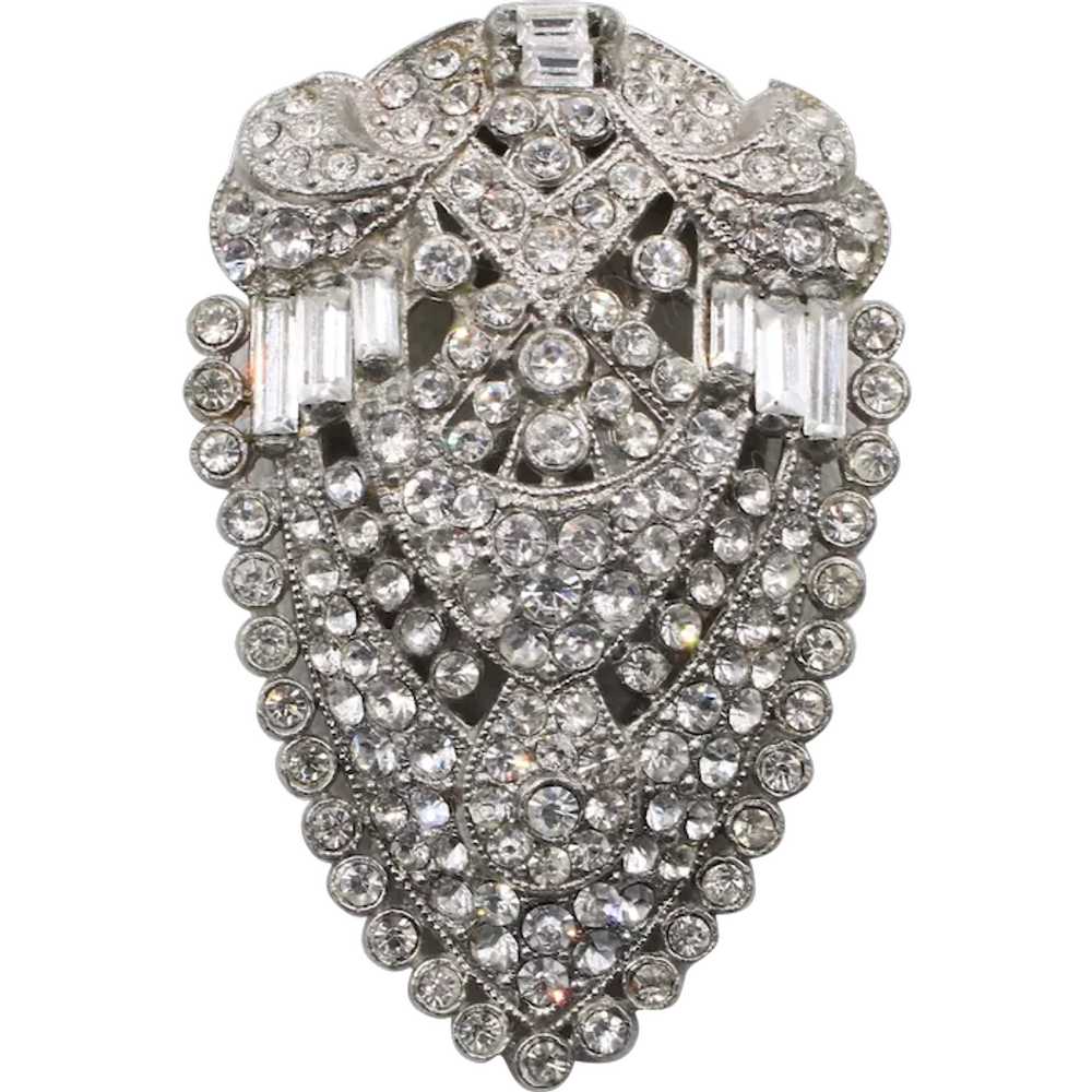 Dress Clip Pave Rhodium Plated Rhinestone Art Deco - image 1