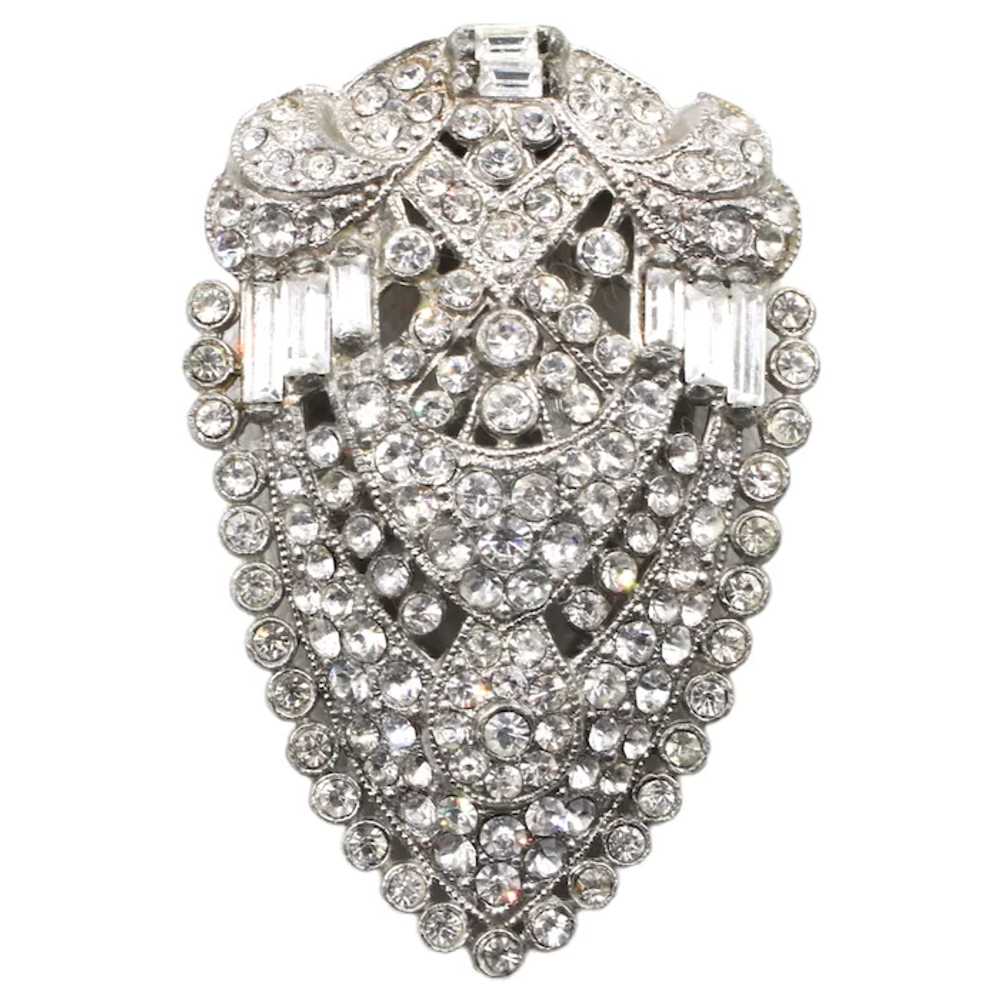 Dress Clip Pave Rhodium Plated Rhinestone Art Deco - image 2