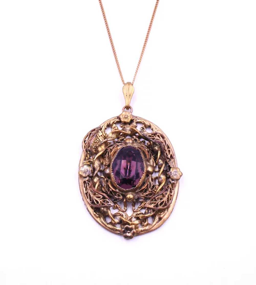 Necklace Pendant Chain Czech Amethyst Glass Caboc… - image 3