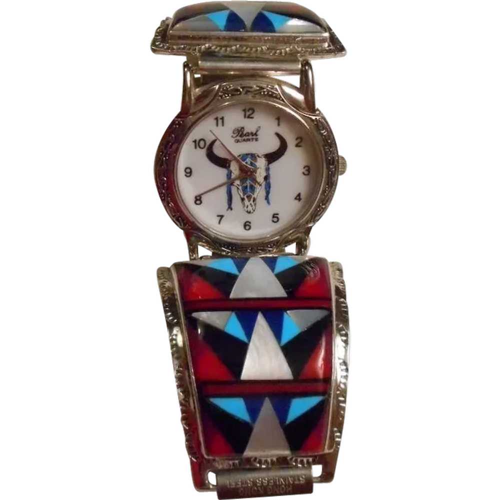 Sterling Silver & Inlay Vintage Watch Band - image 1