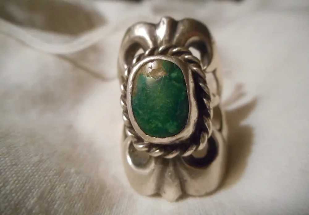 Sterling Silver Sand Cast & Turquoise Vintage Ring - image 2