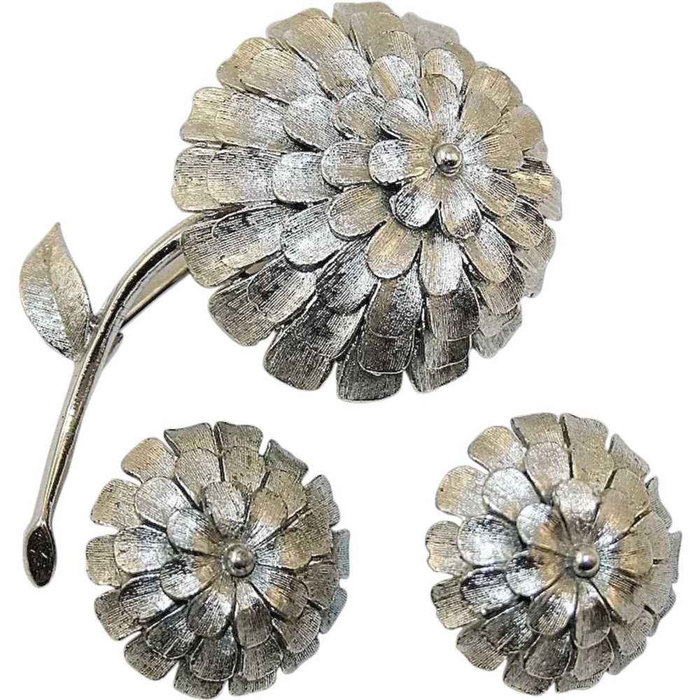 Vintage Corocraft Silvertone Flower Pin and Earri… - image 1