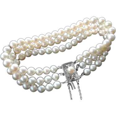 Estate Mikimoto Cultured Pearl Triple Strand Brac… - image 1