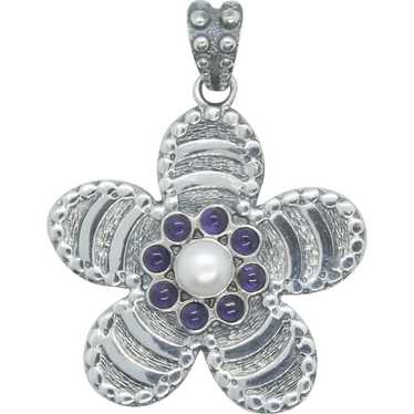 Sterling Flower Pendant with Amethysts & Pearl - image 1