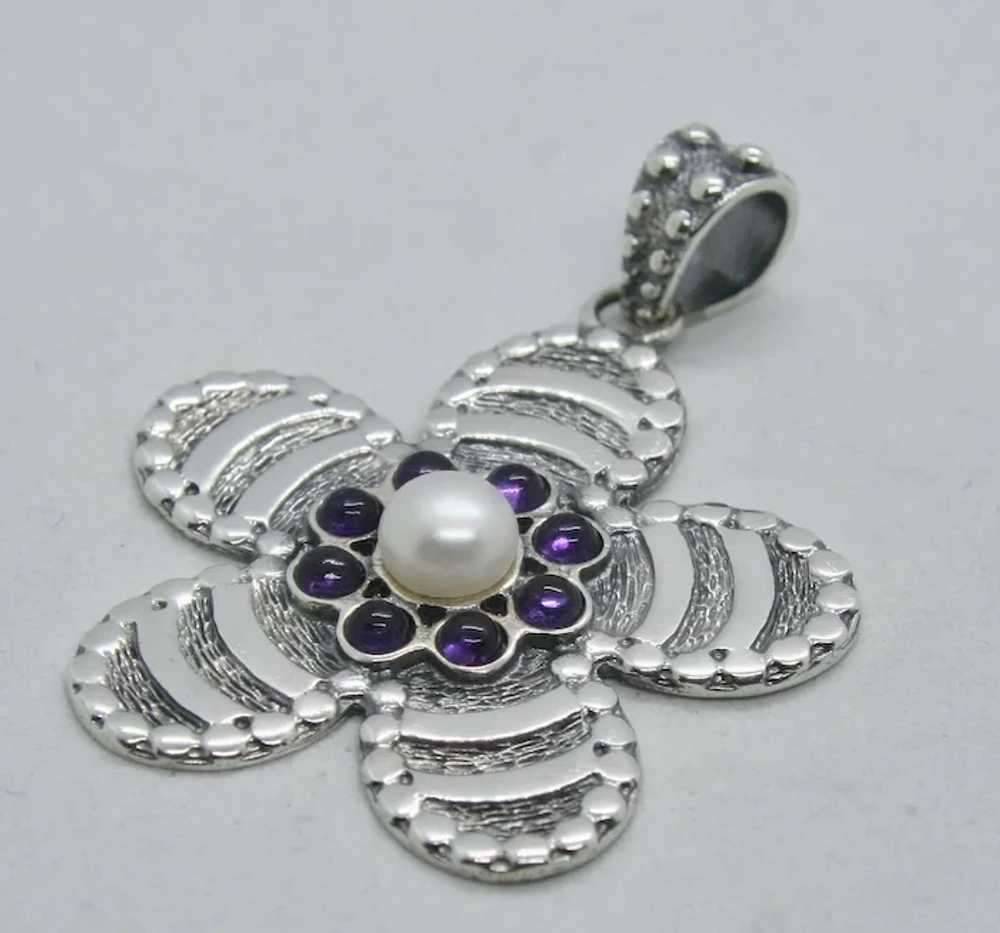 Sterling Flower Pendant with Amethysts & Pearl - image 2