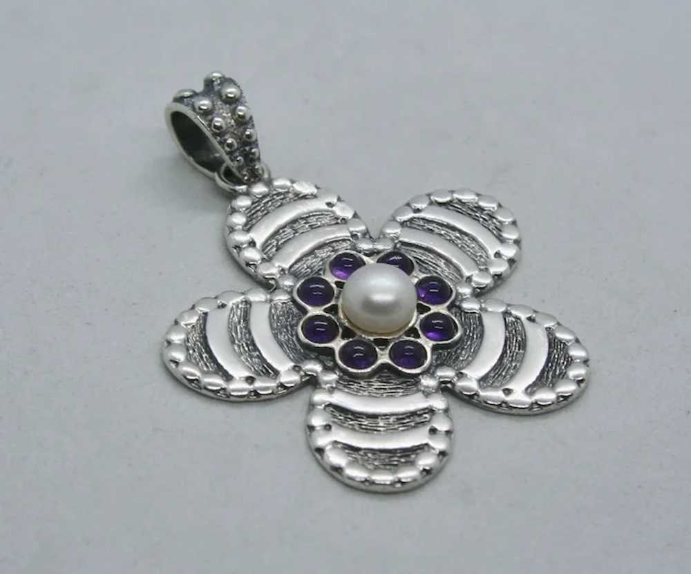 Sterling Flower Pendant with Amethysts & Pearl - image 3