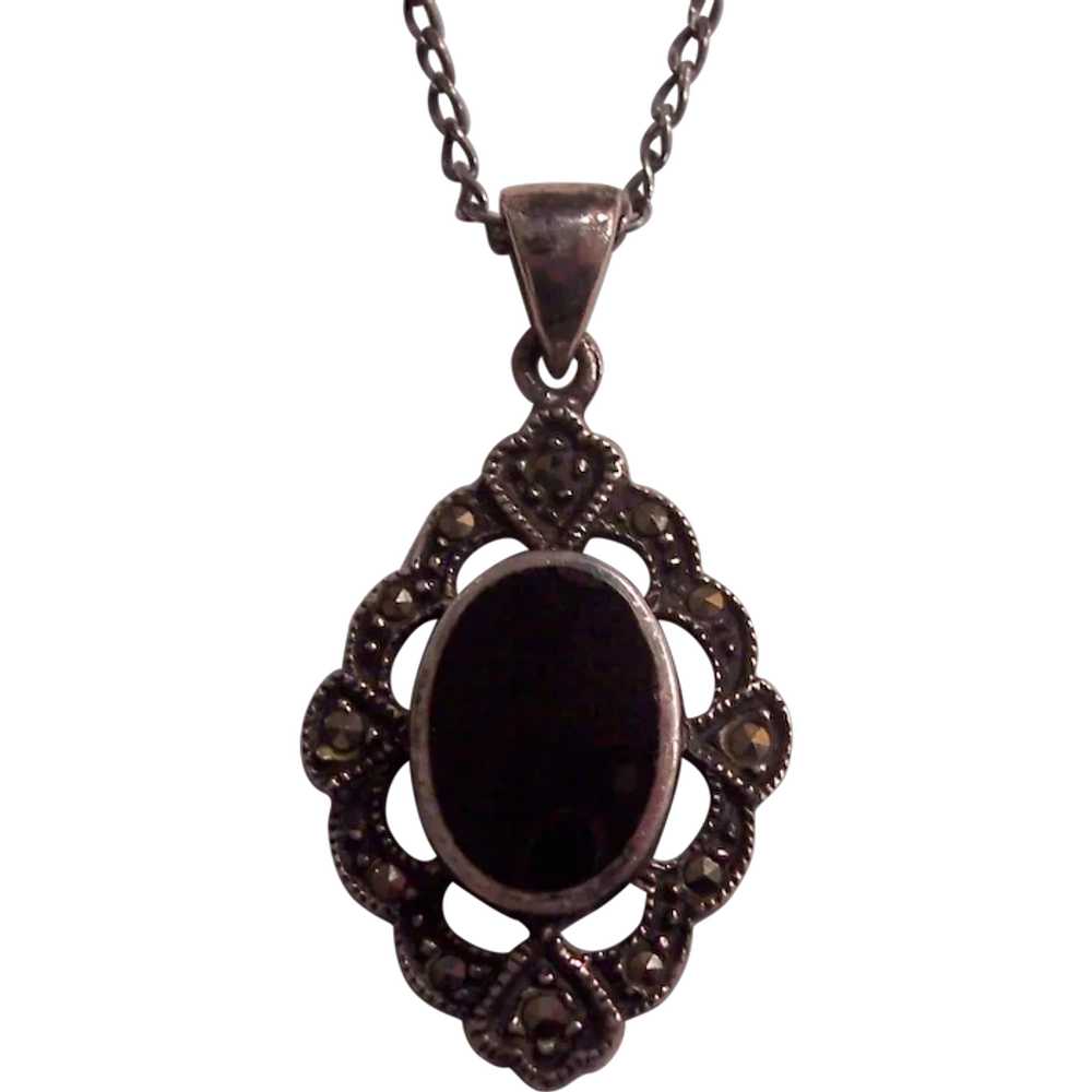 Sterling Silver Marcasite Onyx Pendant Necklace - image 1
