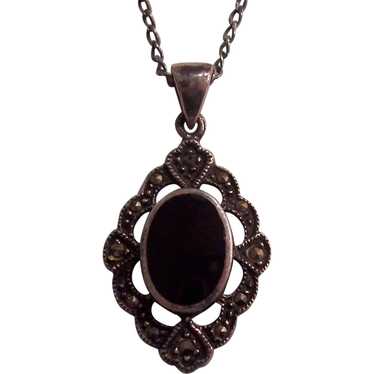 Sterling Silver Marcasite Onyx Pendant Necklace - image 1
