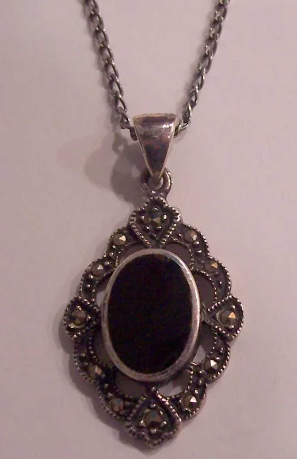 Sterling Silver Marcasite Onyx Pendant Necklace - image 2