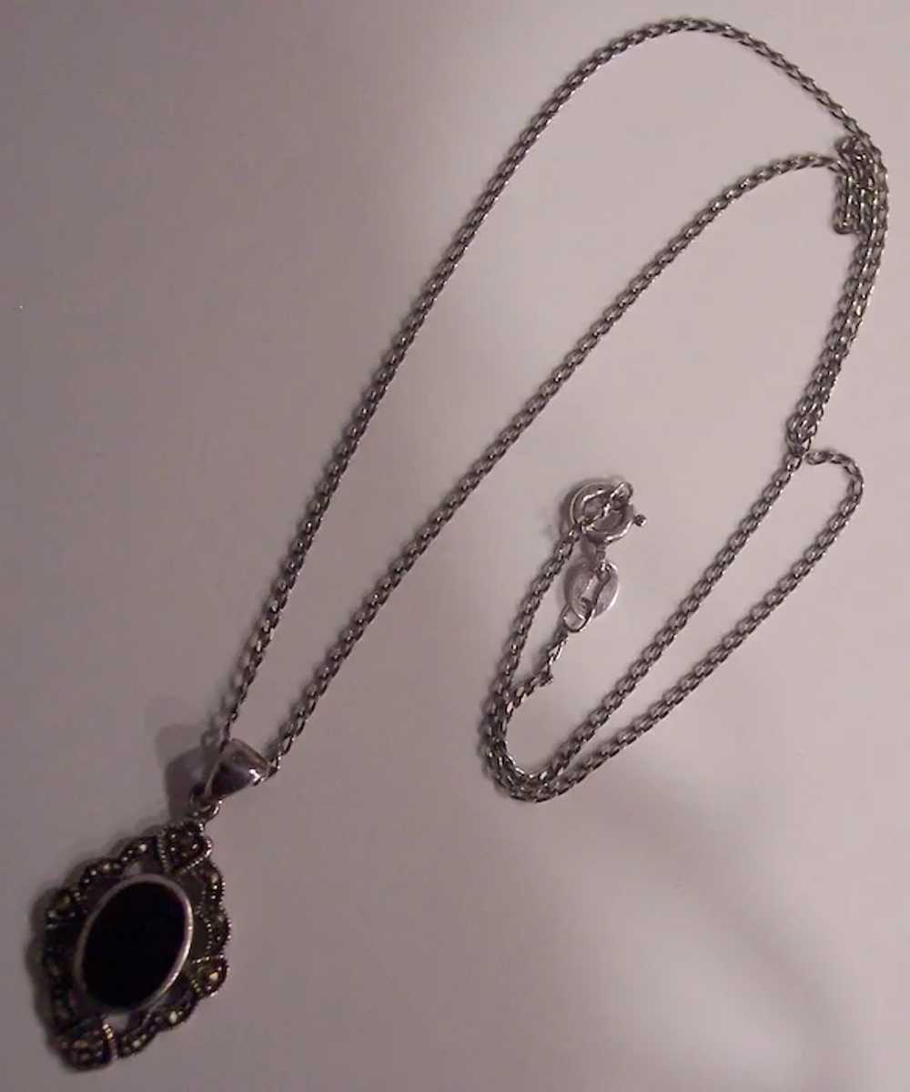 Sterling Silver Marcasite Onyx Pendant Necklace - image 4