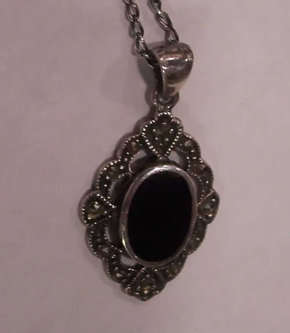 Sterling Silver Marcasite Onyx Pendant Necklace - image 5