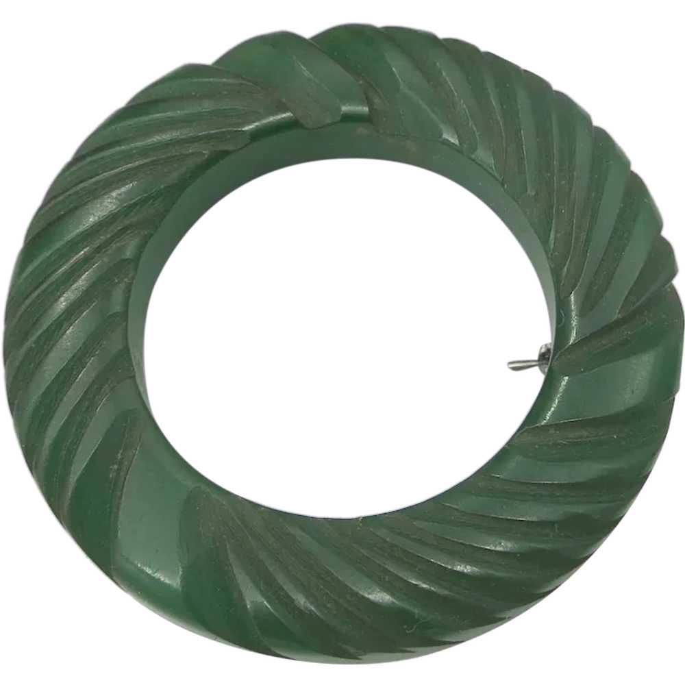 Vintage Carved Green Bakelite Circle Brooch - image 1