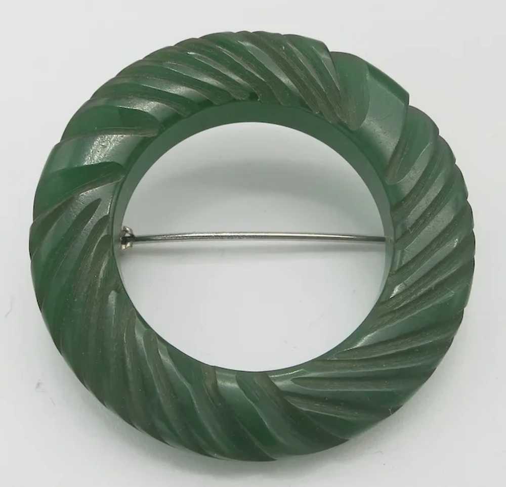 Vintage Carved Green Bakelite Circle Brooch - image 2