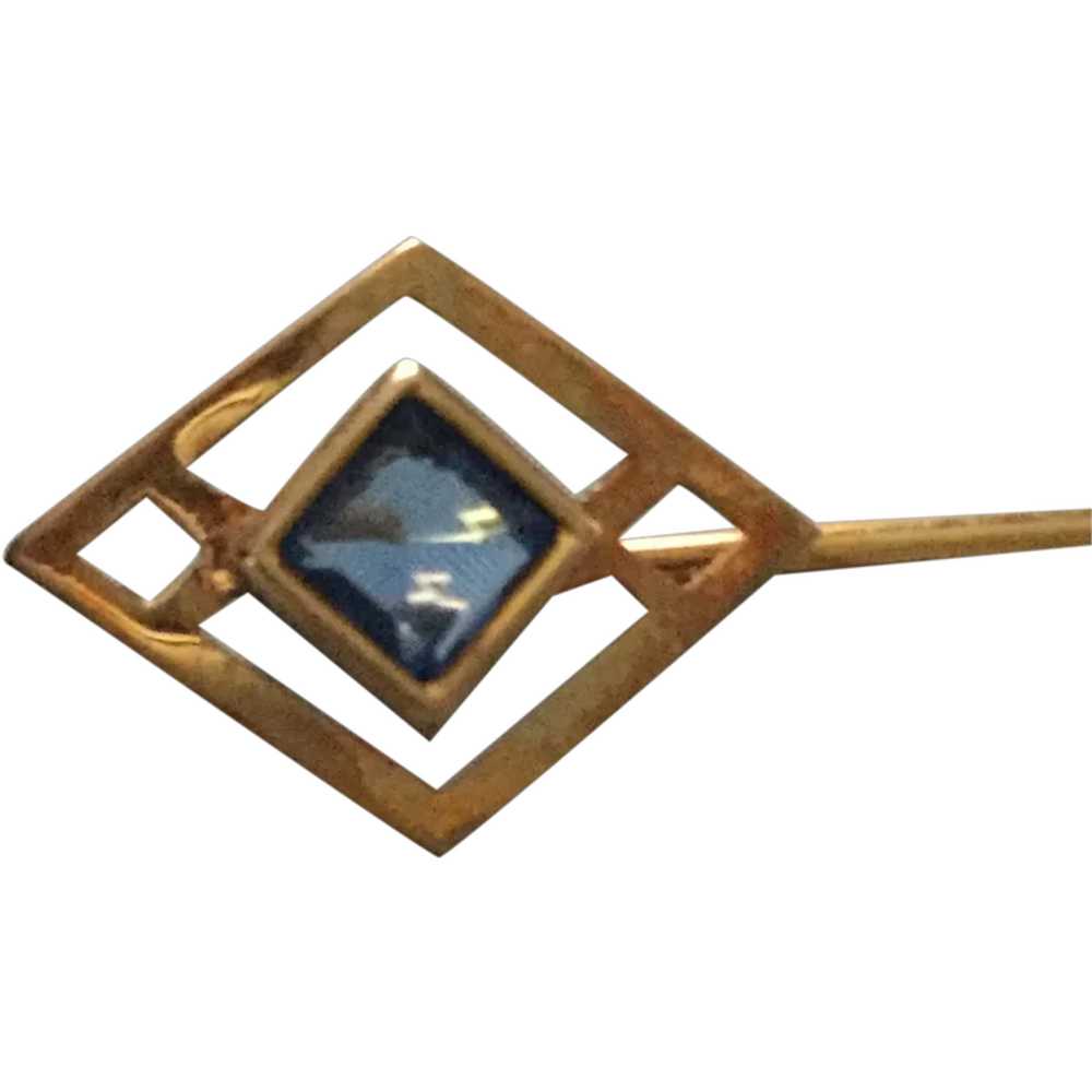 10K Gold Art Deco Stick Pin w/ Blue Sapphire - image 1