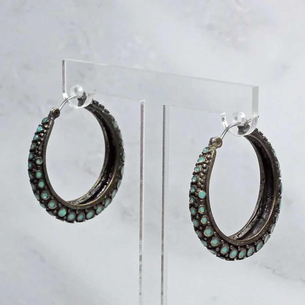 1980 80s hoop earrings femme - Teal enamel earrin… - image 5