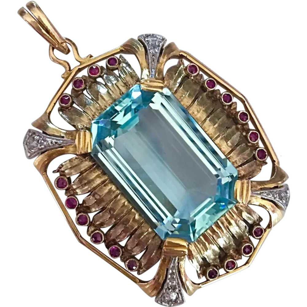 Art Deco Natural Aquamarine Diamond Ruby Platinum… - image 1