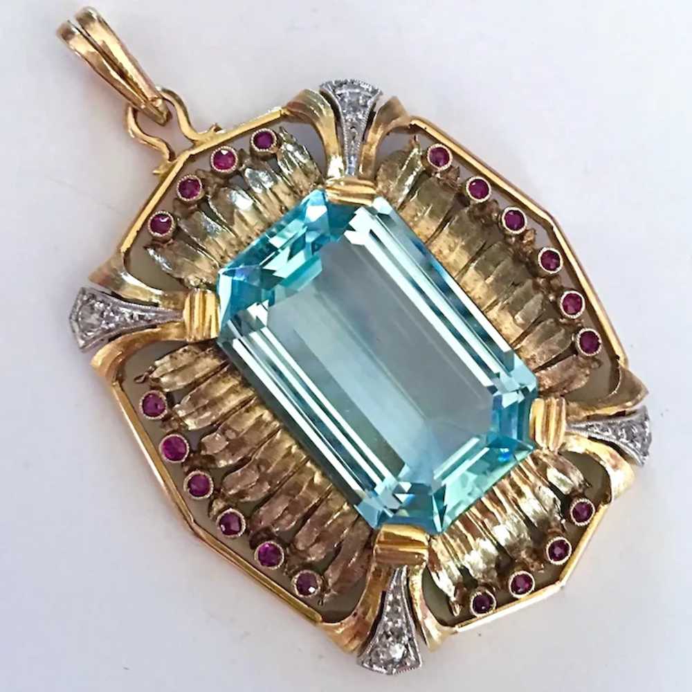 Art Deco Natural Aquamarine Diamond Ruby Platinum… - image 3