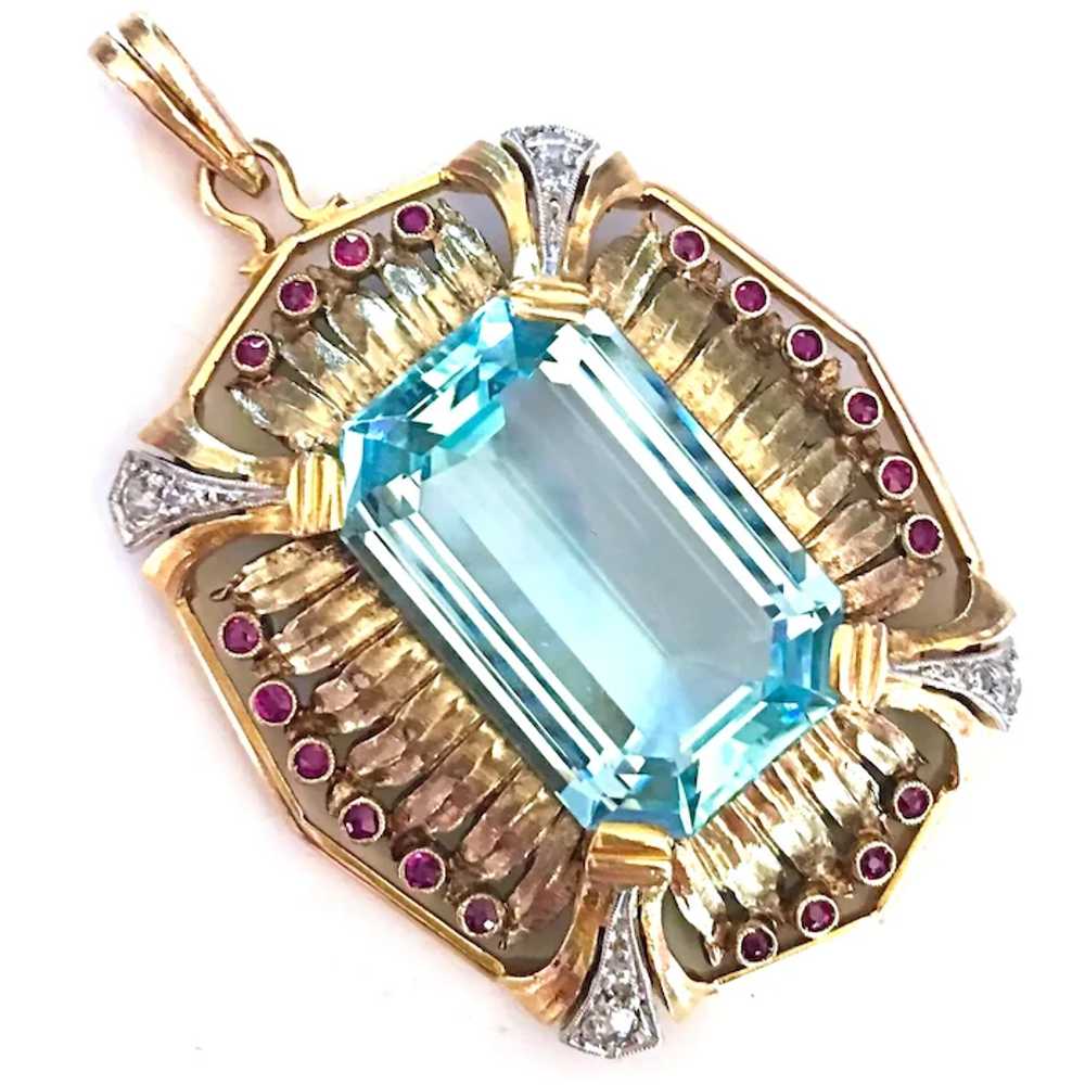 Art Deco Natural Aquamarine Diamond Ruby Platinum… - image 5