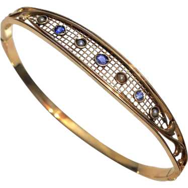 Antique Edwardian Sapphire Pearl 14K Gold Bangle B