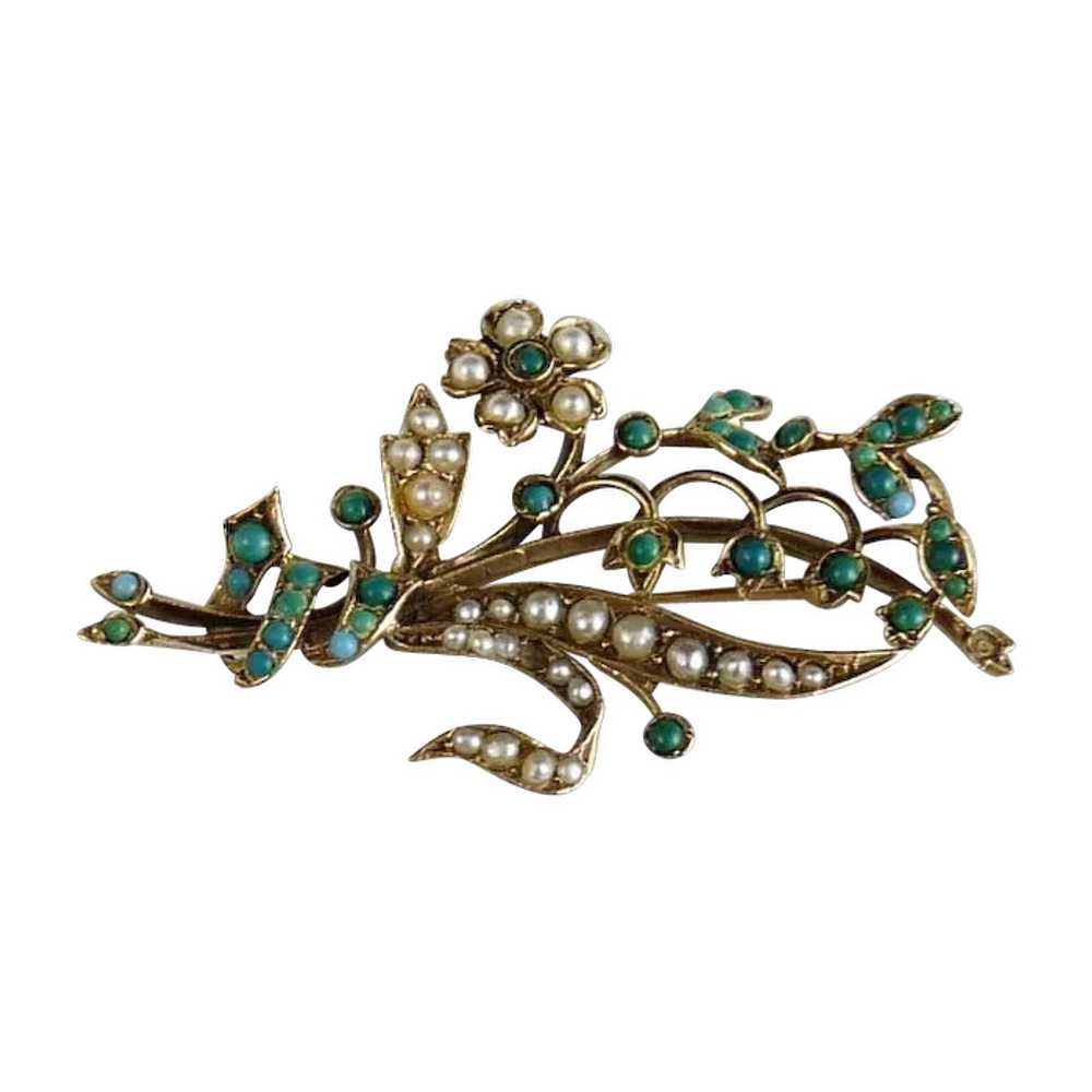 Vintage 14K Gold Turquoise and Seed Pearl Brooch - image 1