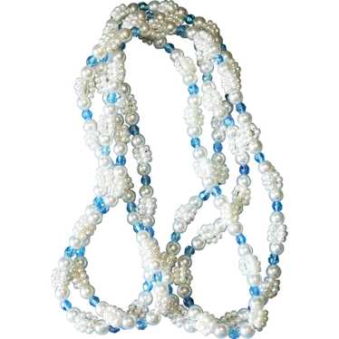 52" small bead White and blue Necklace 1960s - image 1