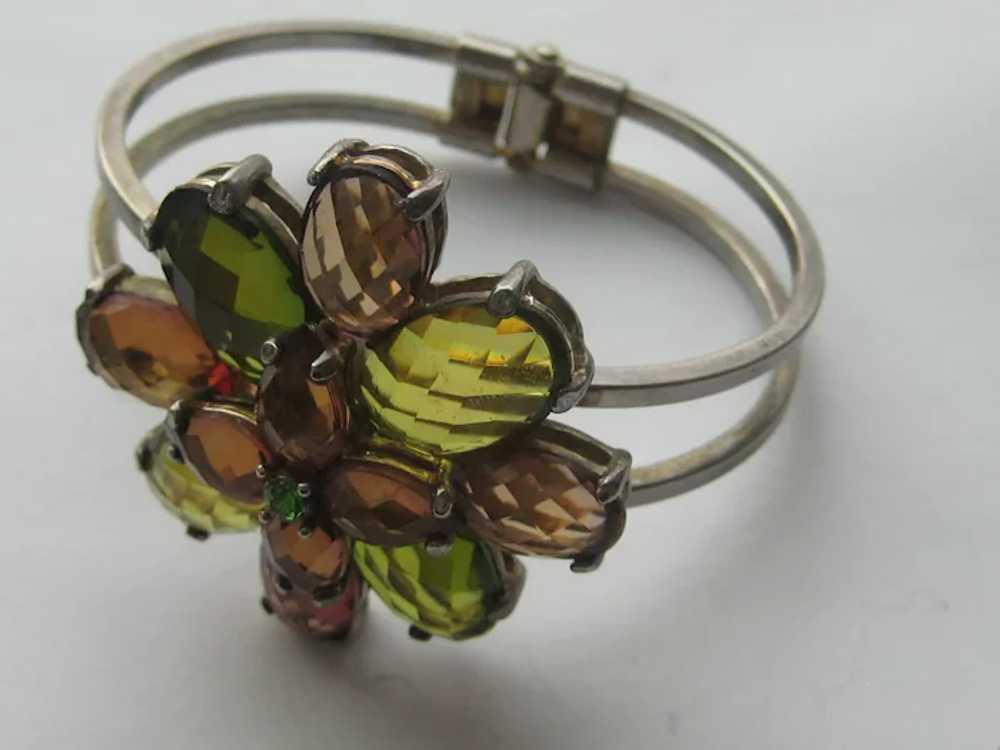 Vintage CLAMPER Bracelet Faceted Glass Stones Eme… - image 2