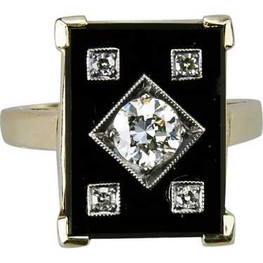 Art Deco Style Black Onyx Diamond Ring 14K Yellow 