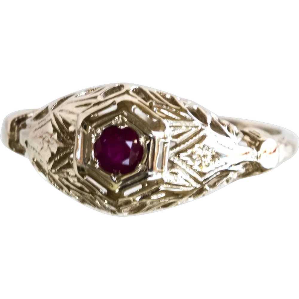 18K Art Deco Filigree Ruby Ring - image 1