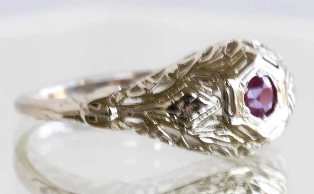 18K Art Deco Filigree Ruby Ring - image 2