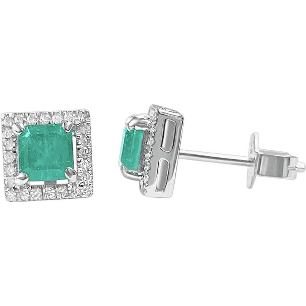 Push Back Natural Emerald Stud Earrings with diam… - image 1