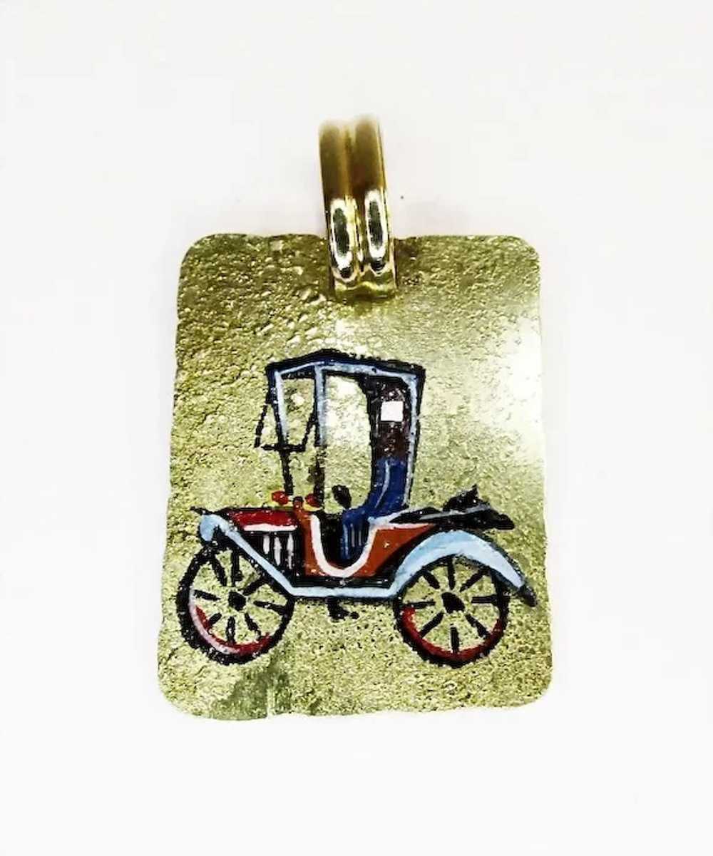 Gold Enamel Antique Car Pendant - image 1
