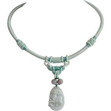 Chinese hand carved ox natural light blue Jade pe… - image 1