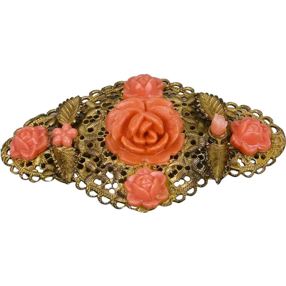 Moulded Celluloid Faux Coral Colored Pin Brooch F… - image 1