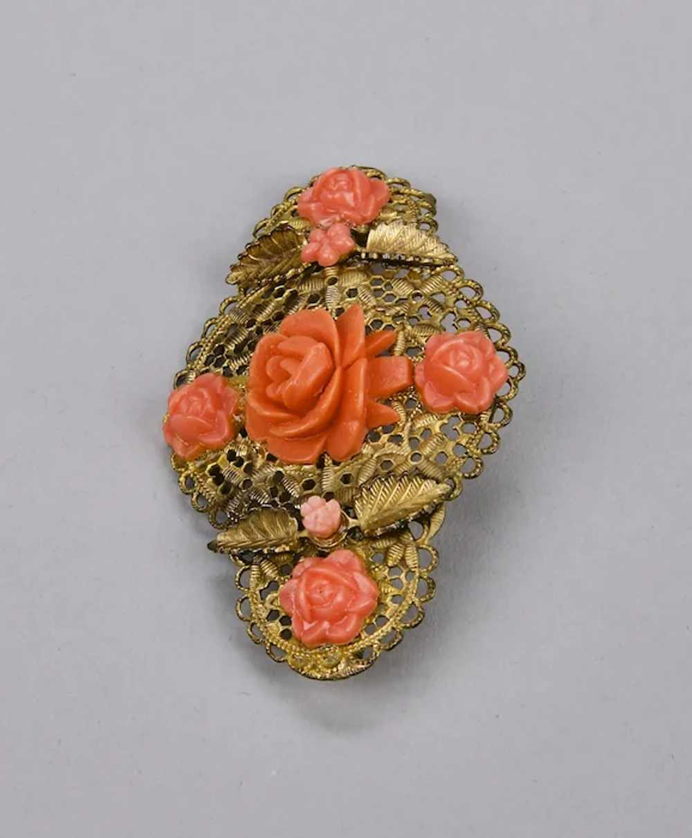 Moulded Celluloid Faux Coral Colored Pin Brooch F… - image 2