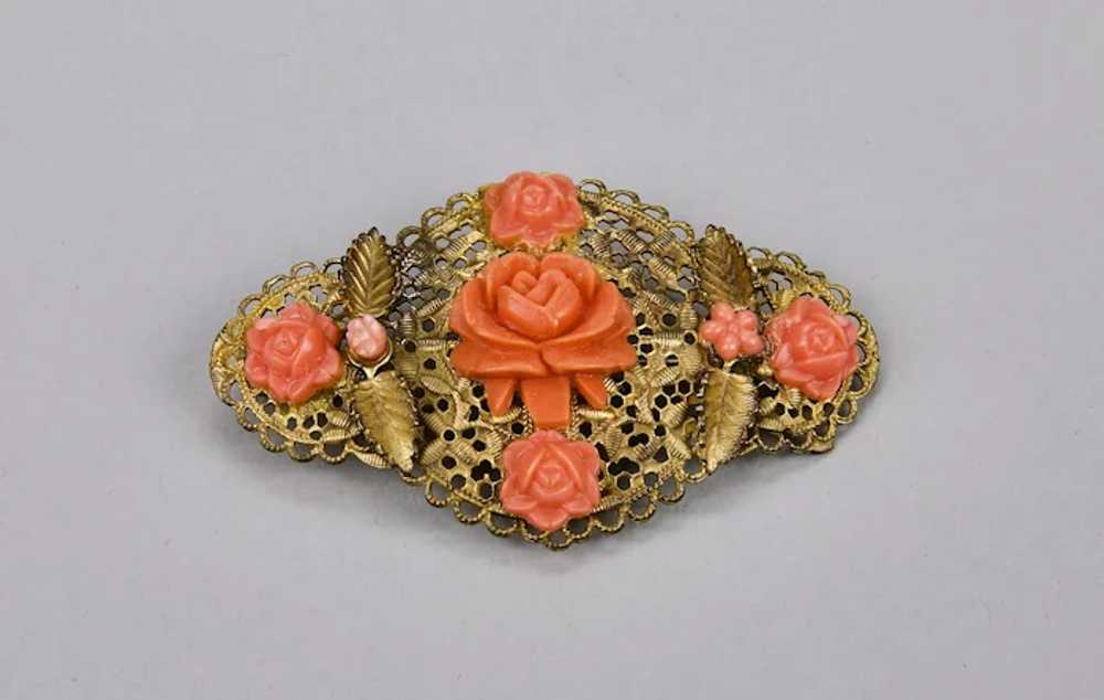 Moulded Celluloid Faux Coral Colored Pin Brooch F… - image 3