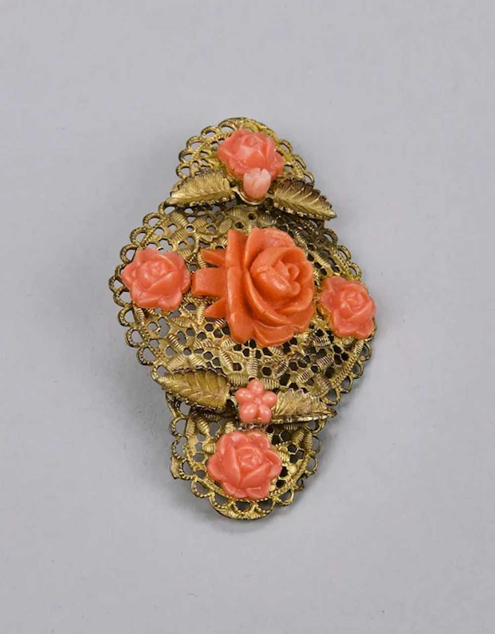 Moulded Celluloid Faux Coral Colored Pin Brooch F… - image 4