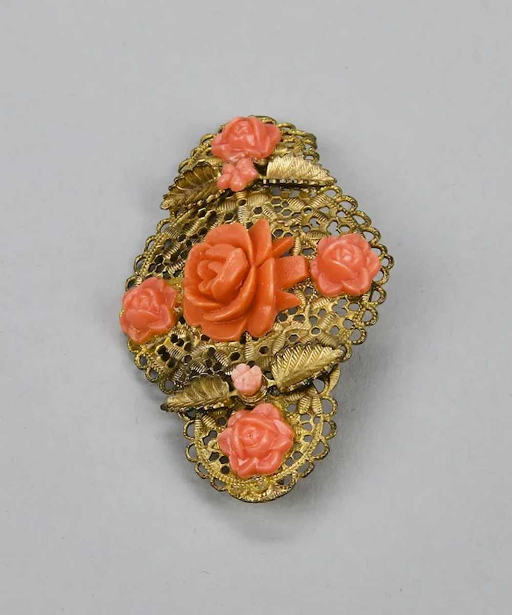 Moulded Celluloid Faux Coral Colored Pin Brooch F… - image 5