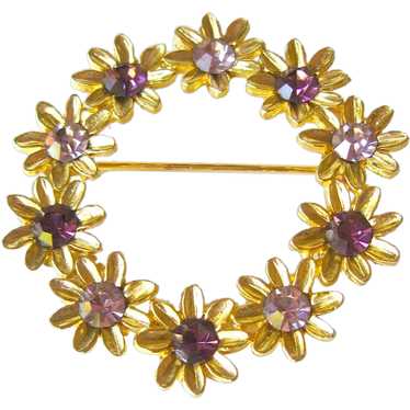 Vintage Rhinestone Flower Wreath Pin Brooch Purpl… - image 1