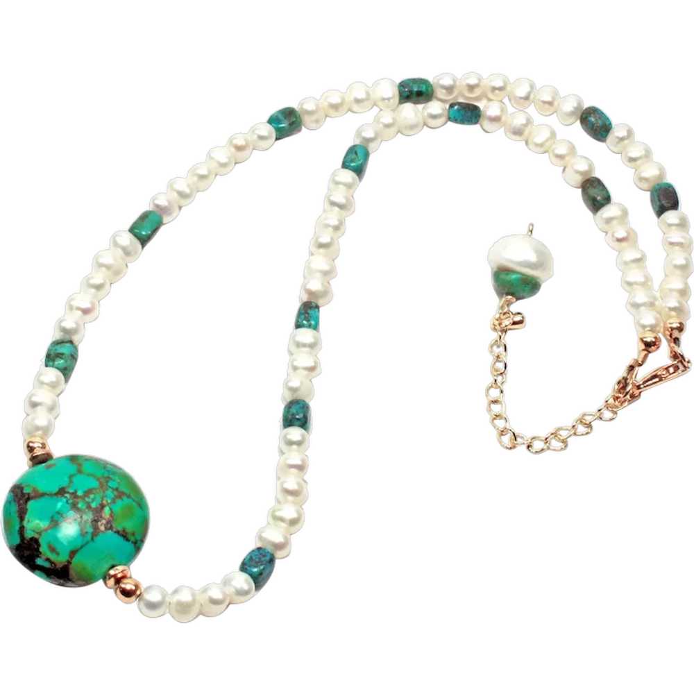 Cultured Pearl and Natural Turquoise Choker - Nat… - image 1