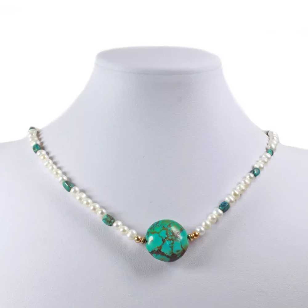 Cultured Pearl and Natural Turquoise Choker - Nat… - image 2