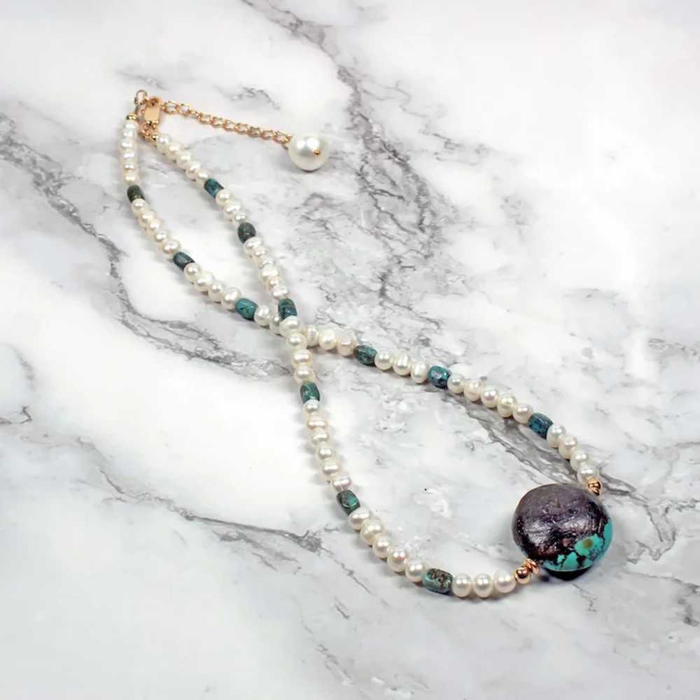 Cultured Pearl and Natural Turquoise Choker - Nat… - image 4