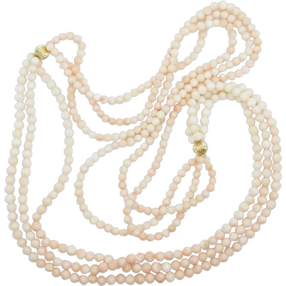 Vintage Angel Skin Coral Beaded Three Strand Laye… - image 1