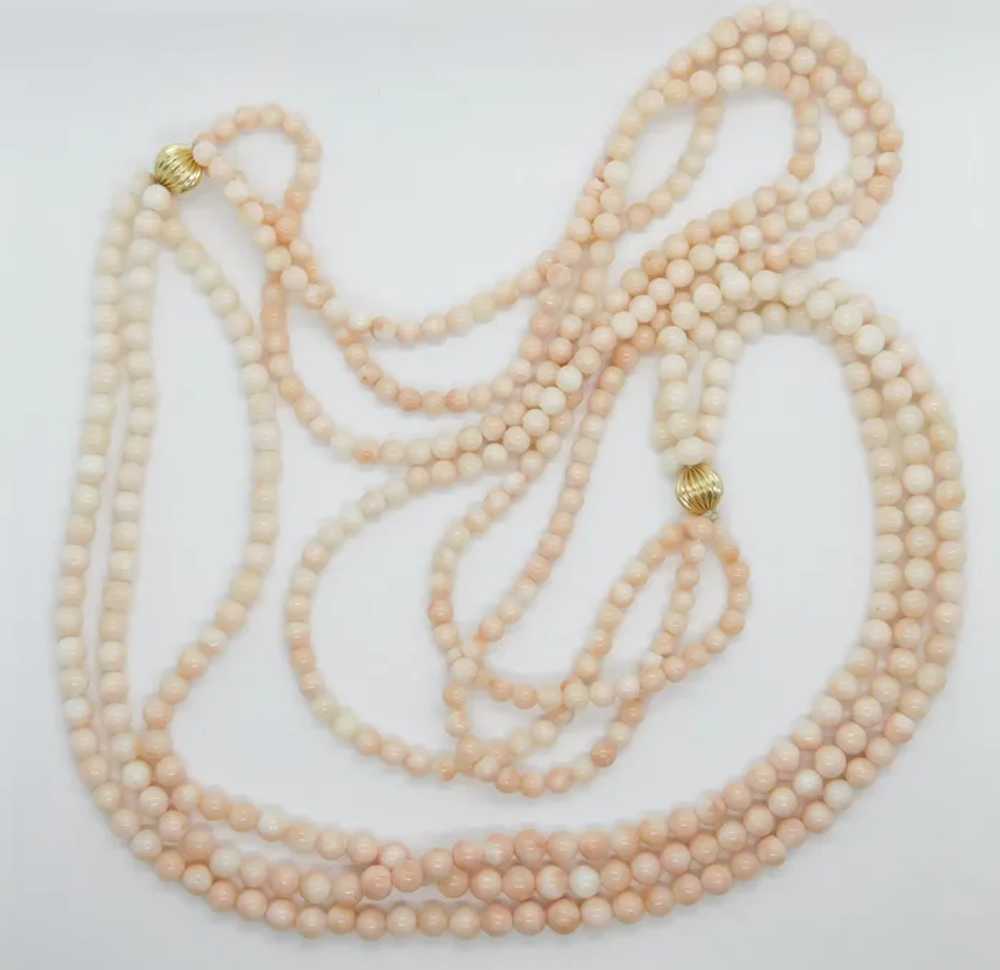 Vintage Angel Skin Coral Beaded Three Strand Laye… - image 2