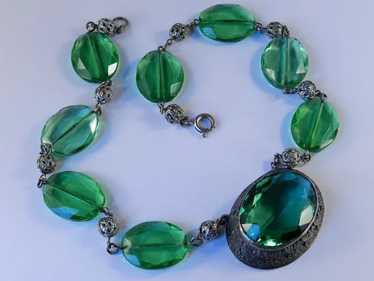 Czechoslovakia Green Glass Stone Filigree Bead Ne… - image 1