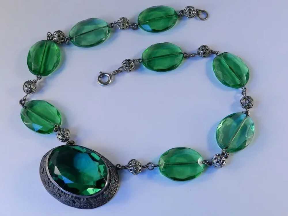 Czechoslovakia Green Glass Stone Filigree Bead Ne… - image 2