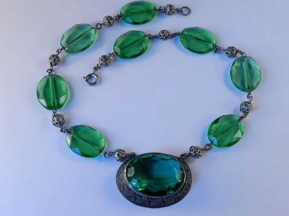 Czechoslovakia Green Glass Stone Filigree Bead Ne… - image 3